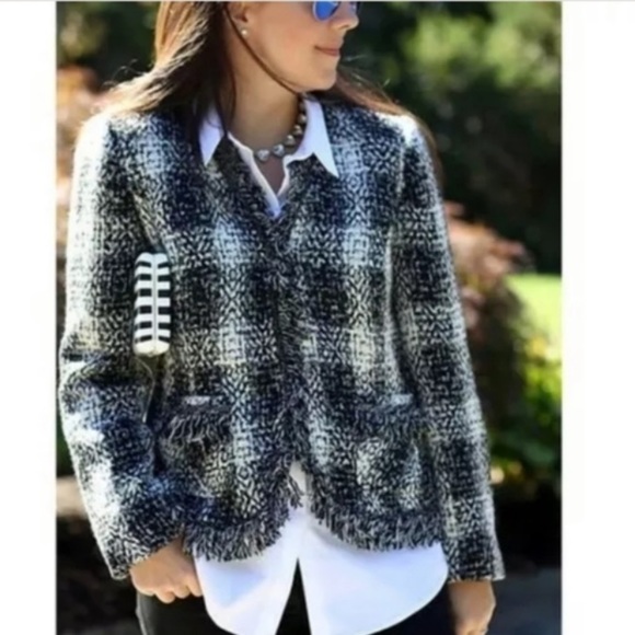 CAbi Fringe Plaid Tweed Hook Front Blazer 4 - Picture 2 of 10